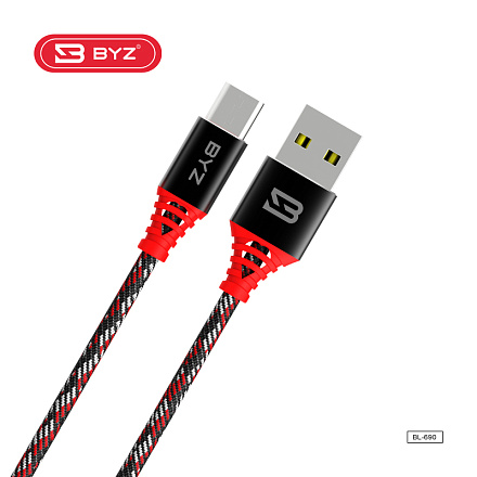 КАБЕЛЬ Type-C/USB, 2.4A "BYZ" (ТКАНЕВАЯ ОПЛЕТКА) 1 МЕТР