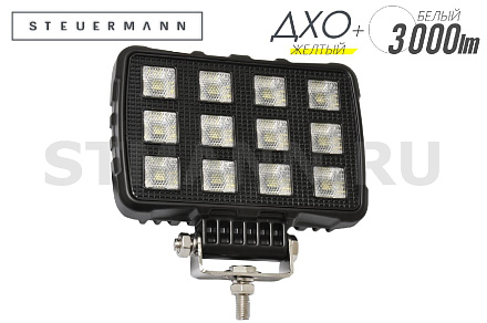 ФОНАРЬ СВЕТОДИОДНЫЙ (12 SMD 30W) ПРЯМОУГ., БЕЛЫЙ+DRL (ЖЕЛТЫЙ)